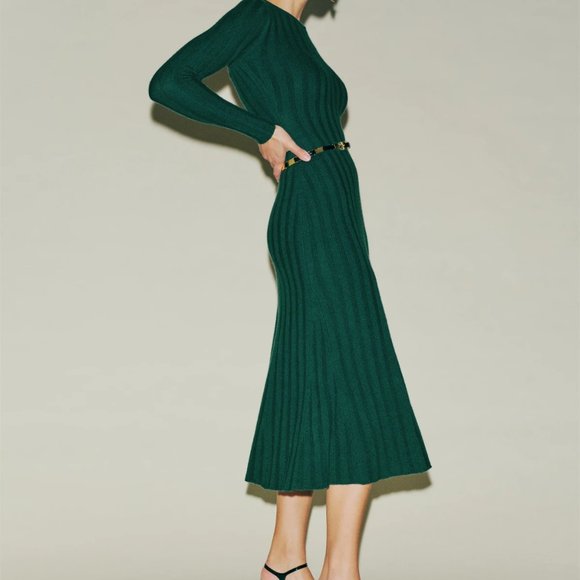 REFORMATION Evan Cashmere Green Ribbed Knit Long Sleeve Sweater Dress with tags - Picture 2 of 11